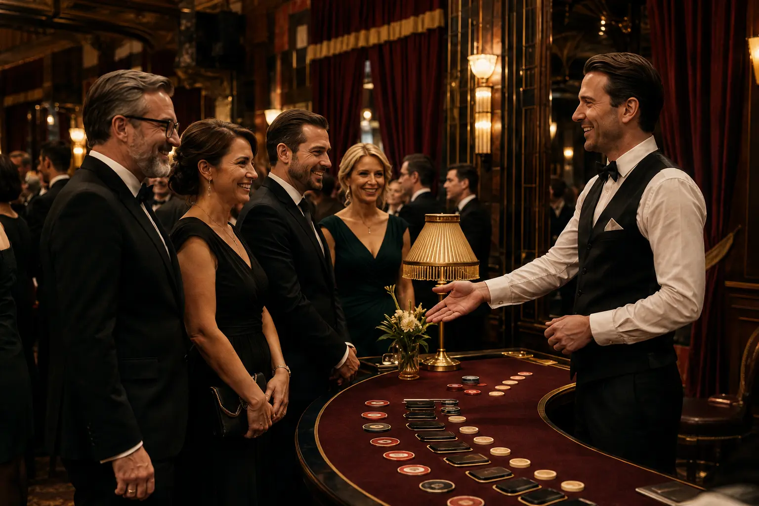 Felnőtt vendégek egy elegáns kaszinótematikájú rendezvényen Budapesten